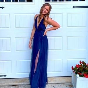 Navy Blue Tulle Floor Length Dress